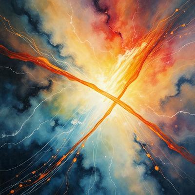 The primary subject of the image is a brightly colored, abstract painting featuring a cross shape. The setting is a blue background, which contrasts with the vibrant colors of the cross. The visual style is a mix of digital art and illustration, creating a unique and eye-catching piece. The dominant colors are blue, orange, and yellow, giving the painting a lively and energetic atmosphere.